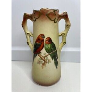 Vintage Art Deco Czech Porcelain two handles Vase two parrots love Birds